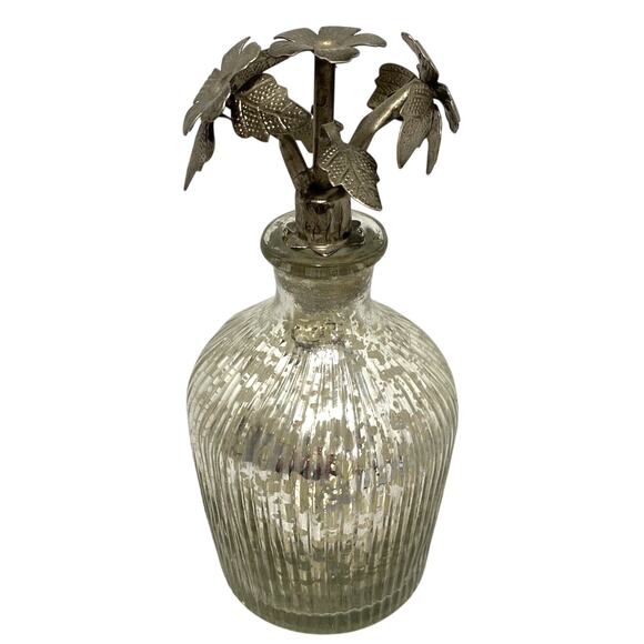 Vintage Mercury Glass Ribbed Bottle with Ornate Floral Silvertone Metal Stopper - Picture 4 of 10